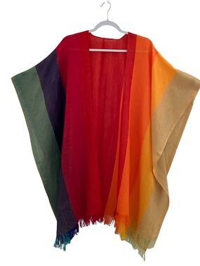 Productex Colorful Rainbow Stripe Sheer Kimono Wrap Fringe Boho Cover Up, 1Size
